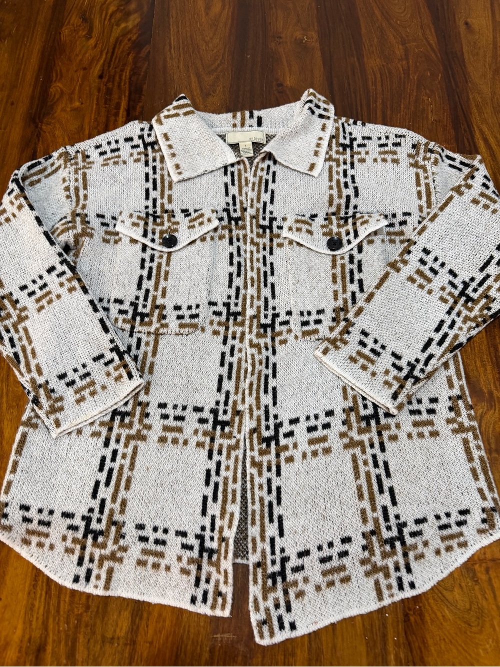 By Design Plaid Knit Open Jacket in Cream, Black & Brown